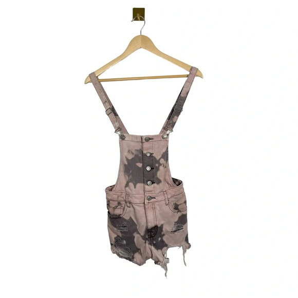 PacSun Women’s Tie Dye Denim Short Overalls in Pink/Black Size 26 - Picture 1 of 11